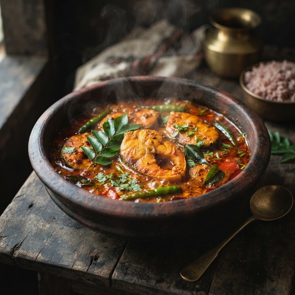 South Indian fish curry with fish pieces in tangy spicy reddish-orange curry in a clay pot