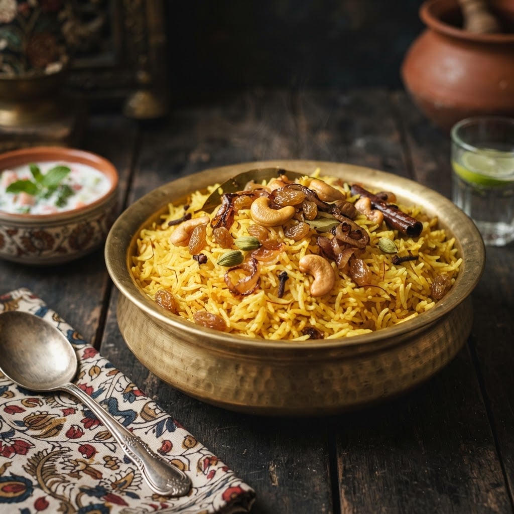 Indian Ghee Rice with golden cashews, raisins and aromatic spices in a brass bowl