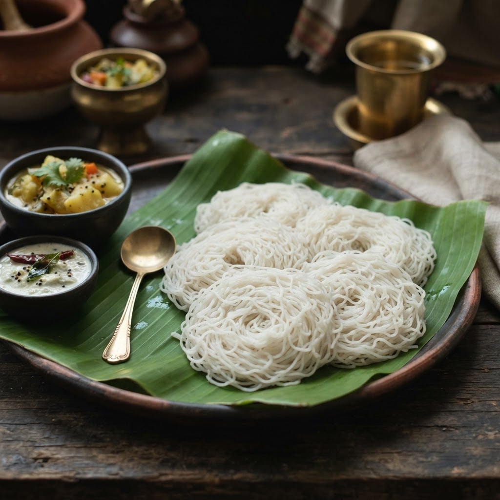 Idiyappam soft white rice flour string hoppers pressed into thin noodle nest disc shapes, steamed and served on a banana leaf