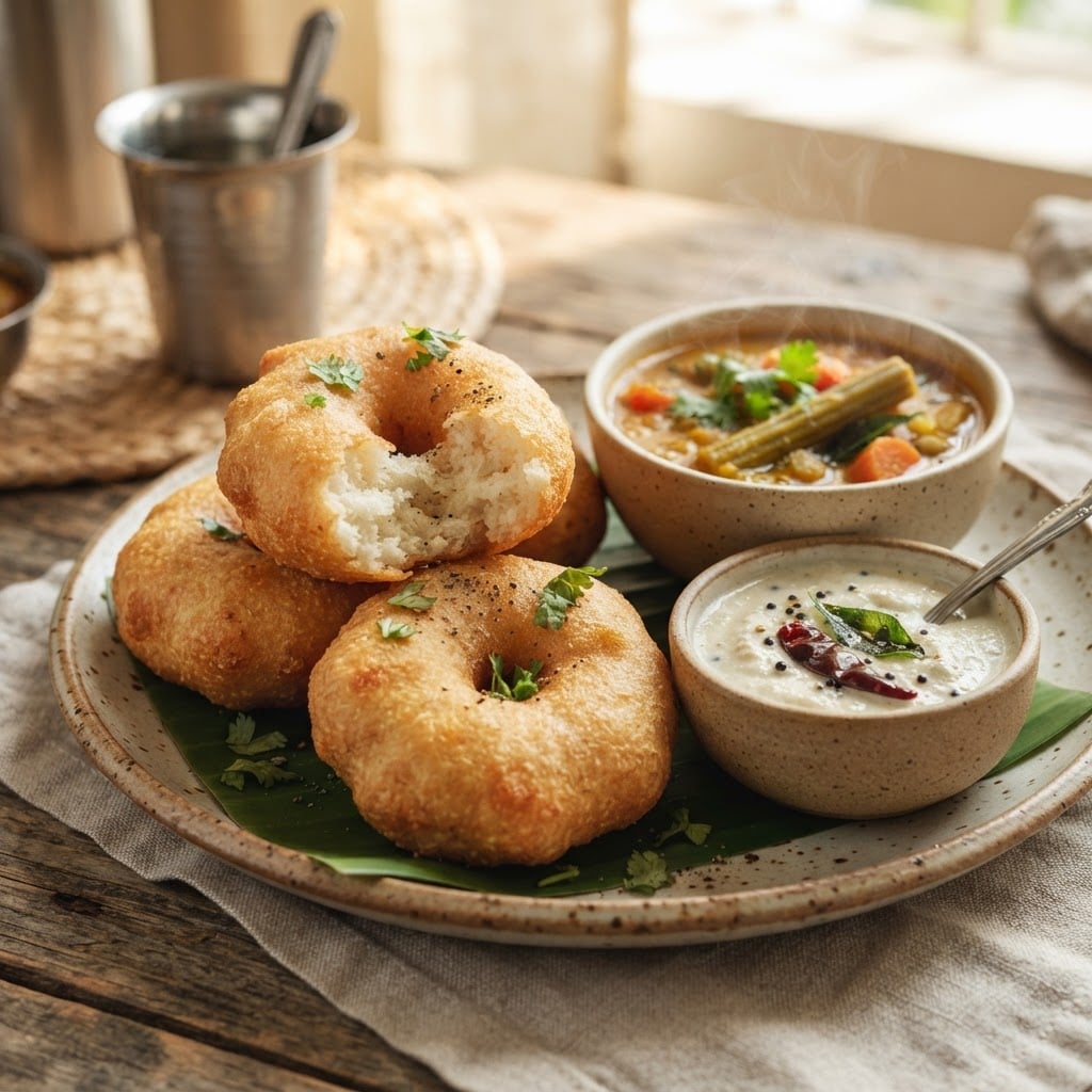 Medu Vadai classic donut-shaped urad dal fritter with crispy exterior served with sambar and coconut chutney