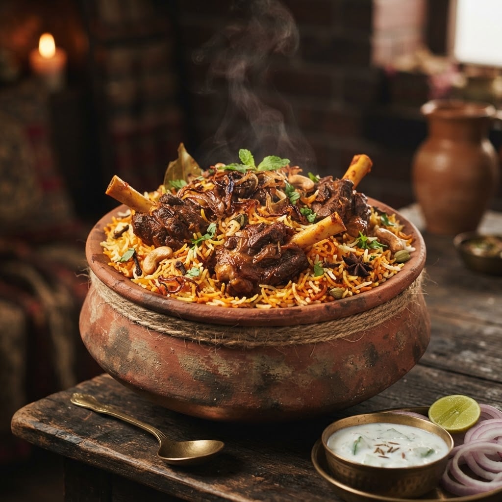 Mutton biriyani with bone-in tender lamb pieces and dark slow-cooked meat through saffron basmati rice in a clay pot
