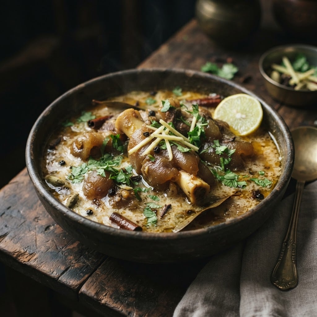 Mutton paya with slow-cooked goat trotters in rich creamy aromatic broth garnished with coriander and ginger