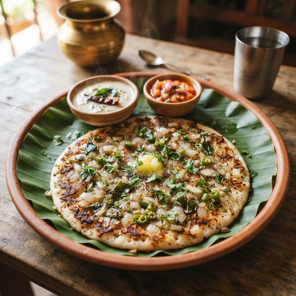 Onion uttapam thick pancake topped with sliced onions and green chillies