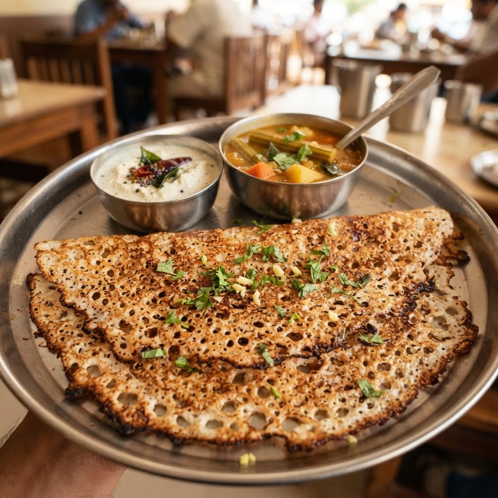 Rava dosa thin crispy semolina crepe with lacy texture